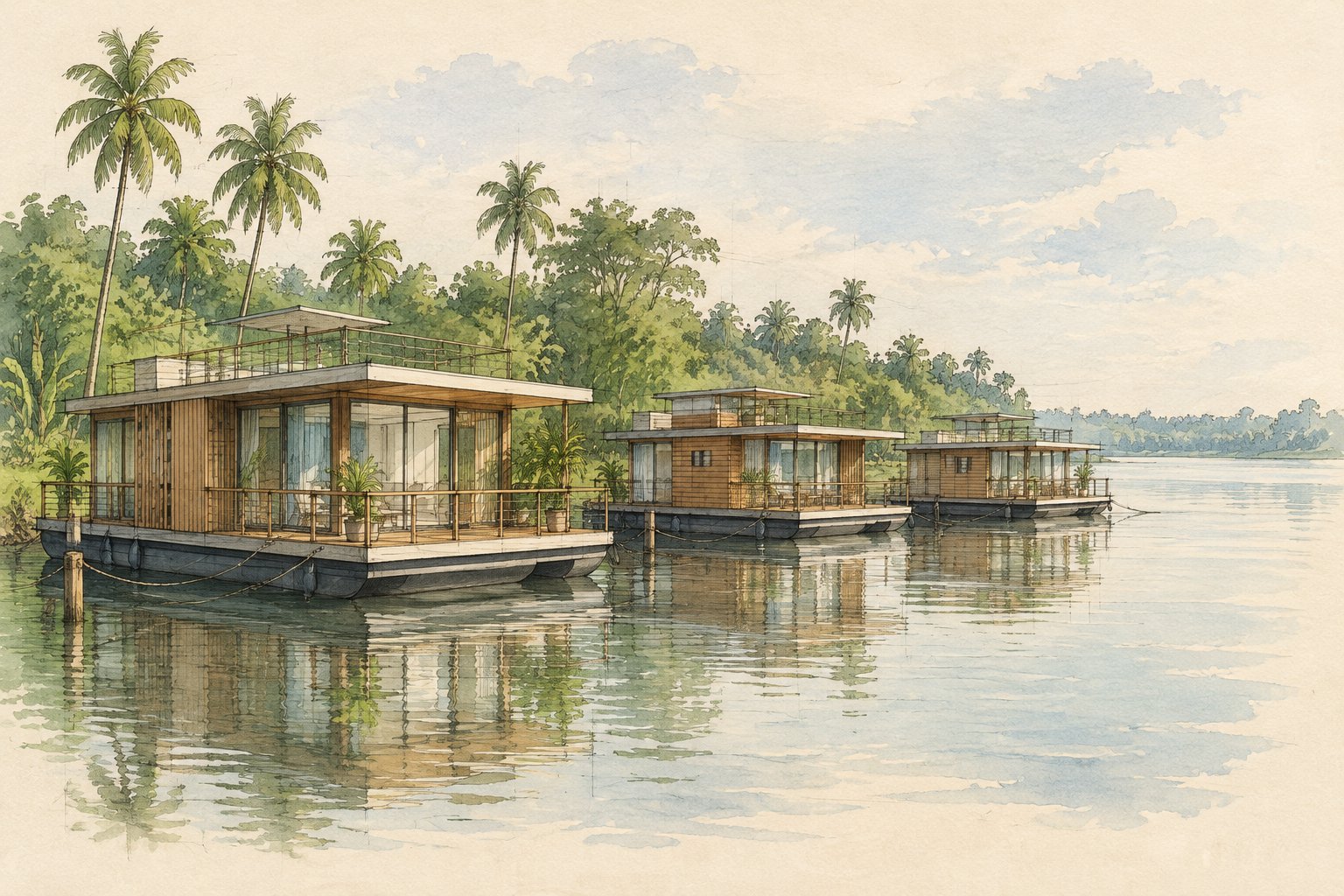 Conceptschets: houten woonboten op een brede rustige rivier in Suriname